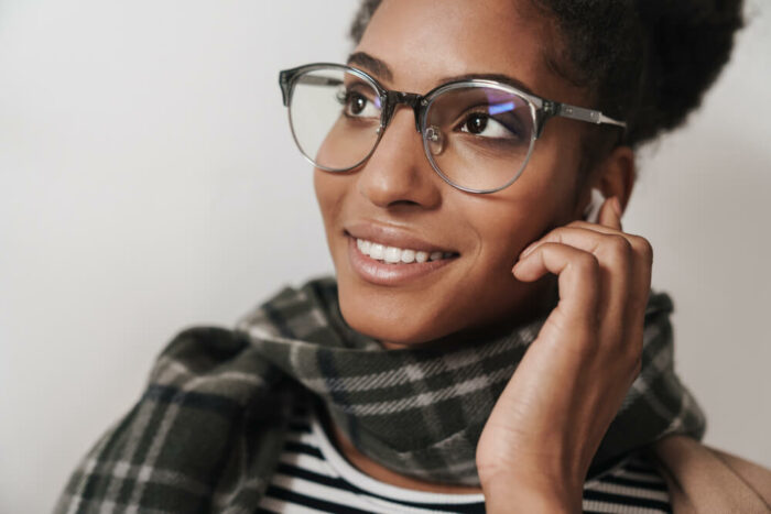 Woman in glasses on phone